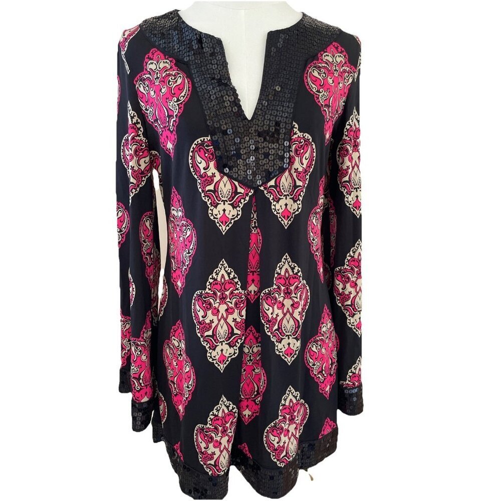 Y2K INC International Concepts Sequin Tunic Top Women's M Pink Paisley Festival